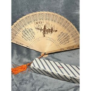 Vintage Carved Wood Hand Fan Pagoda Box Tassel Asian Decor Folding 14in
